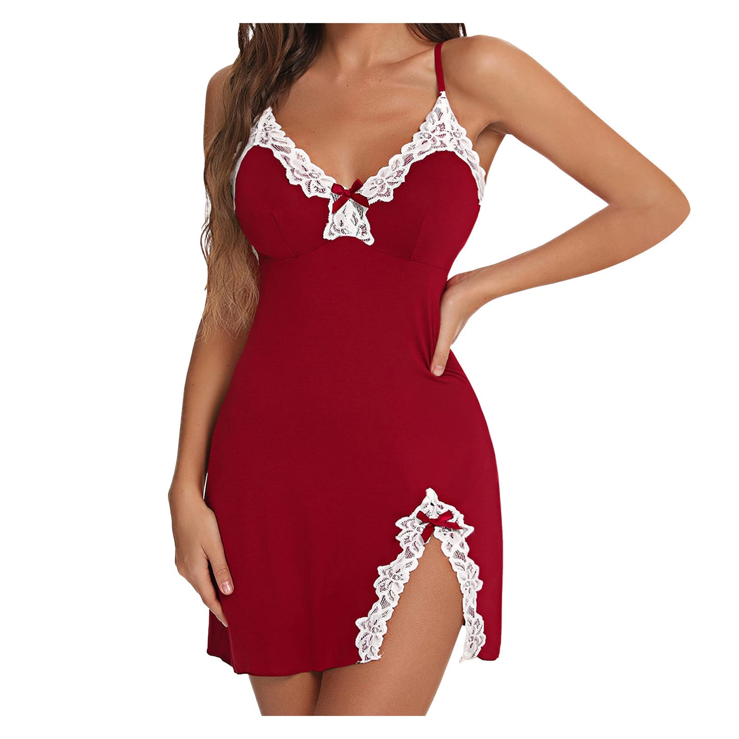 Push Up Deep V Bow Side Slit Slim Fit Slip Nightdress Suit